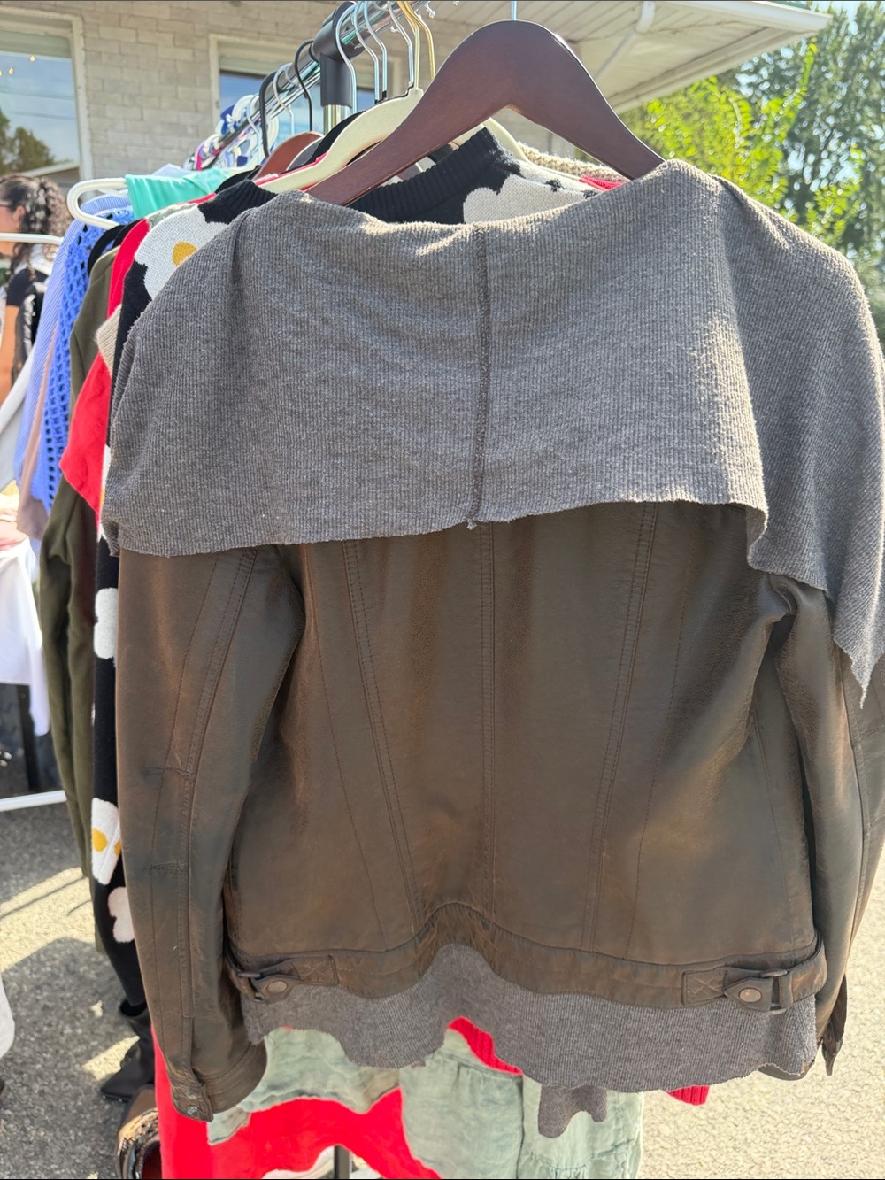 Women's Brown Distressed Leather Jacket with Gray Knit Hooded Trim - Picture 3 of 6
